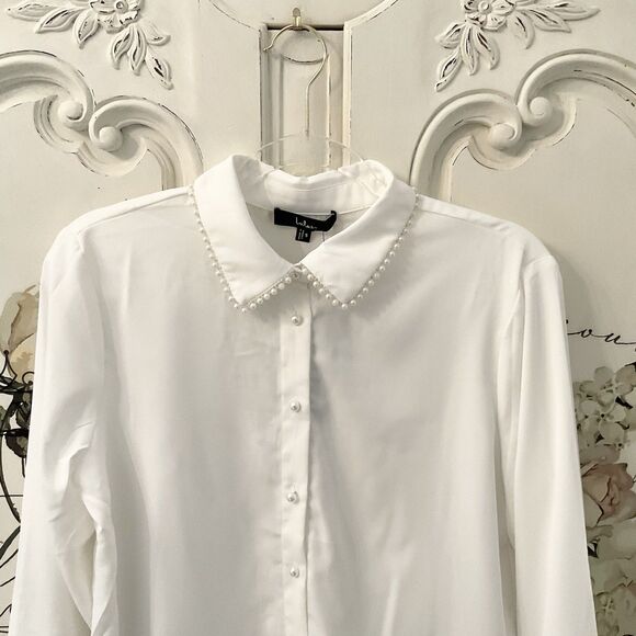 Lulu’s Upscale Composure Blouse Women's S White Pearl Trim Long Sleeve NWT - Picture 7 of 13
